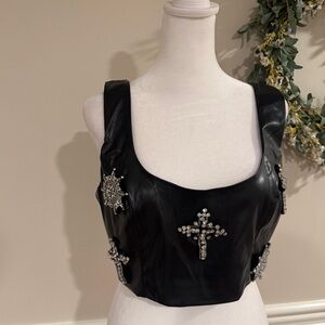 Fashion Nova Rosalia Jeweled Black Faux Leather Women's Tank Top Sz L